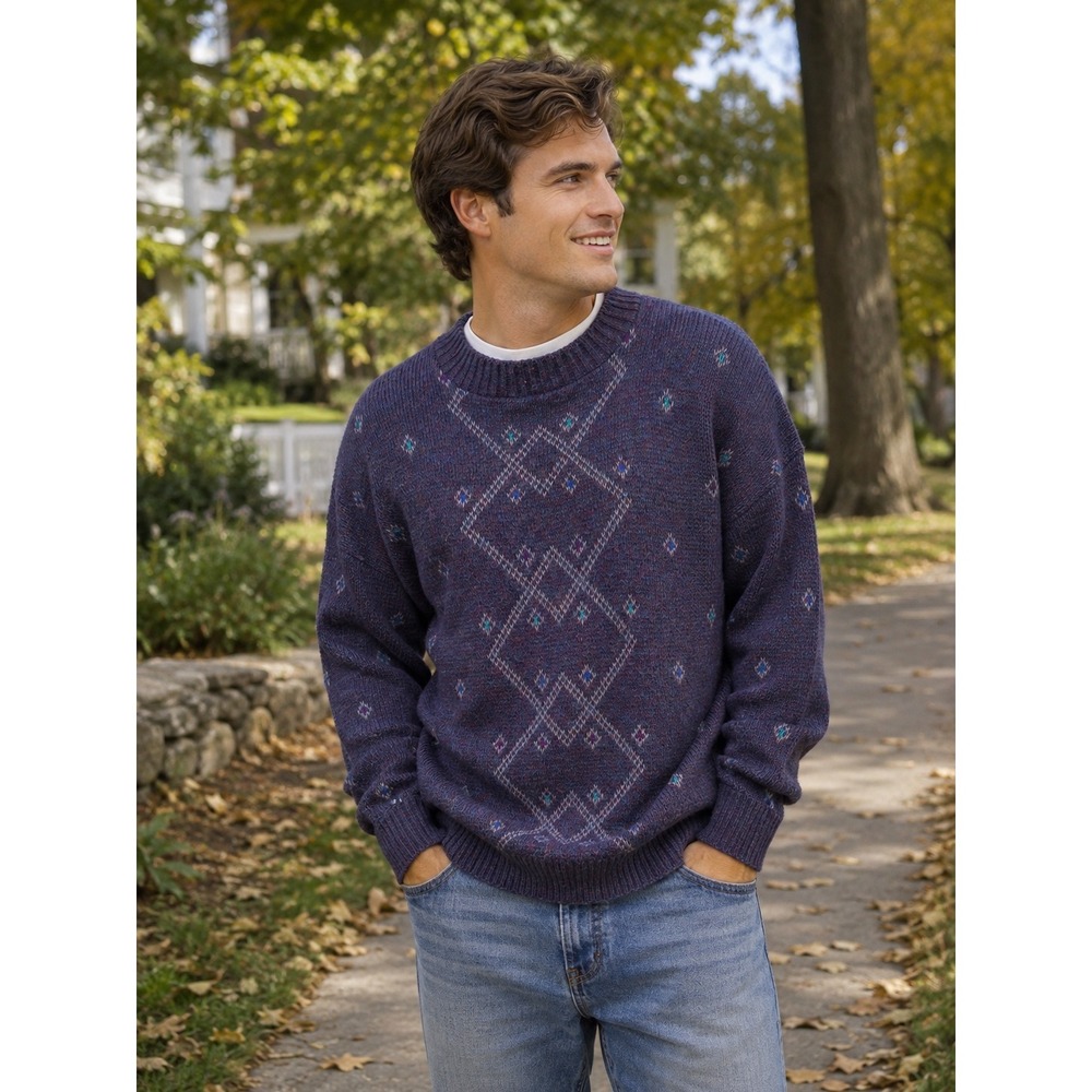 Reed St James Vintage Geometric Sweater Large Purple Eclectic Grandpa Made USA
